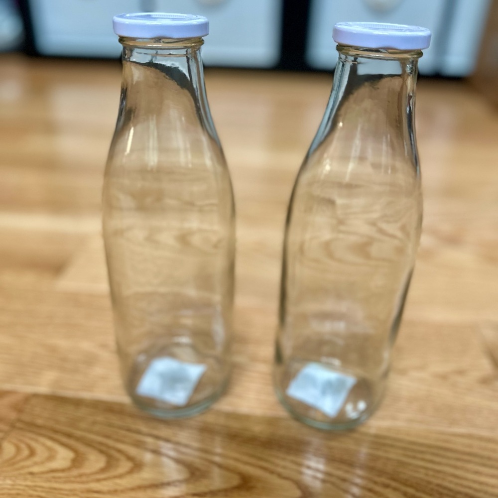 2 New Clear 33oz Glass Bottles with White Caps